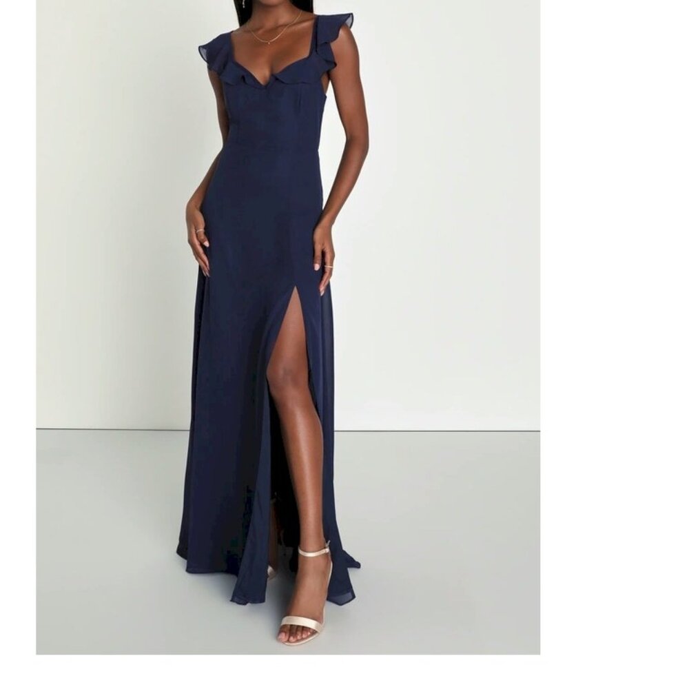 Lulus Sweetest Entrance Navy Blue Ruffled Tie-Back Maxi Dress Size XS New NWT
